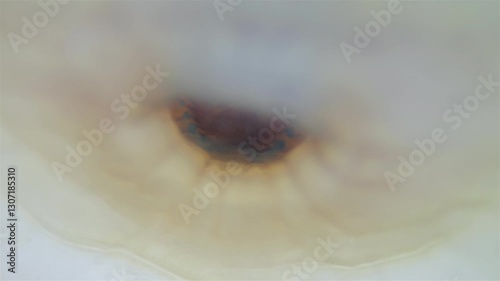 Mollusca Tonicella marmorea under microscope, order Chitonida. The video shows mouth and radula close up. White Sea