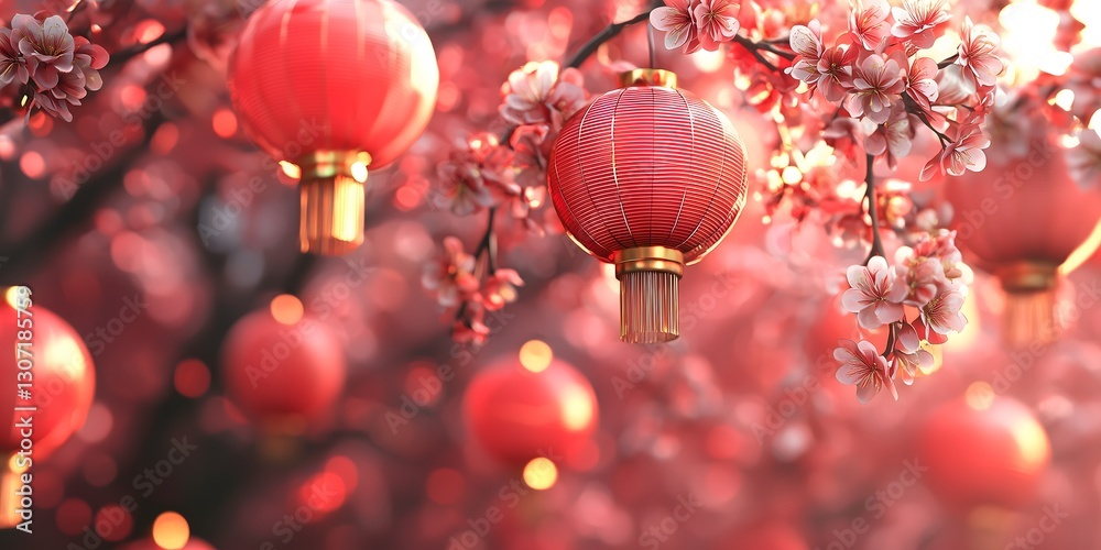 Obraz premium Red Chinese lanterns and cherry blossoms celebrating Chinese New Year