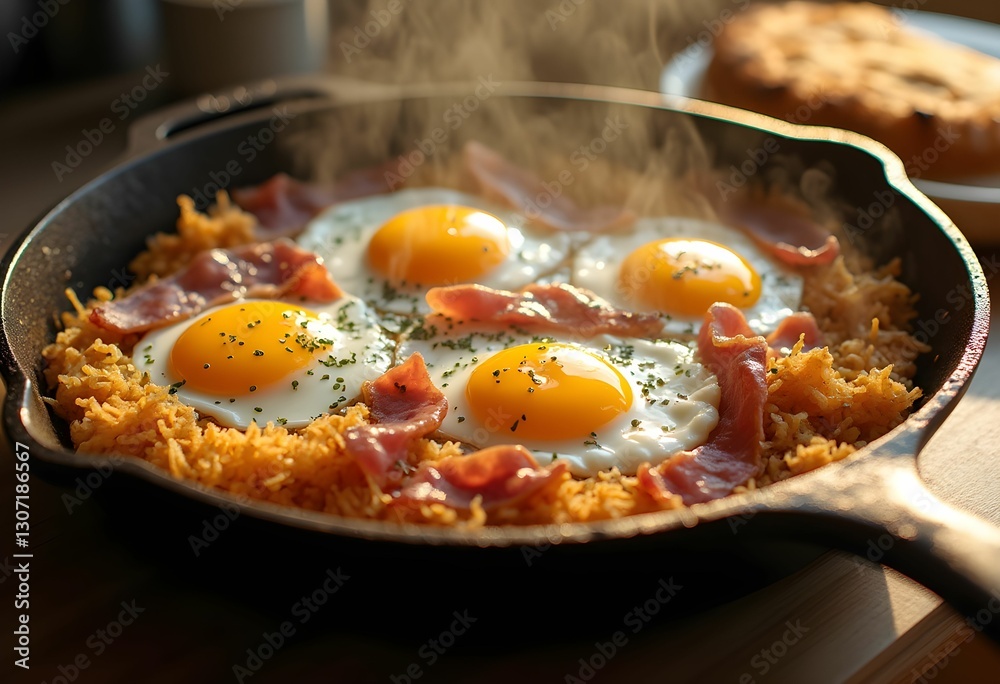 Hearty breakfast sizzling in cast iron Hearty breakfast sizzling in cast iron