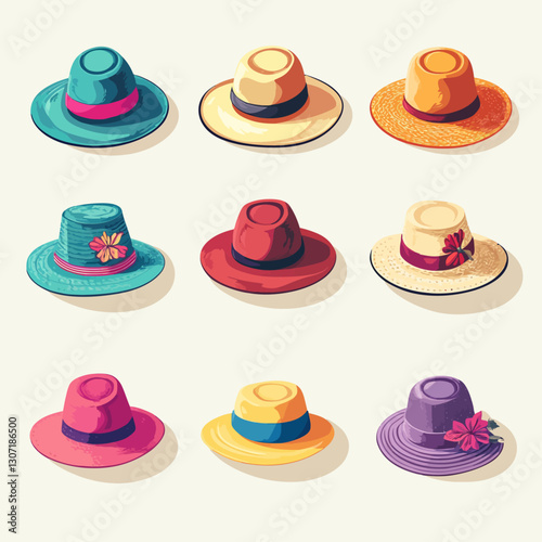 Nine Colorful Summer Hats Illustration in Teal, Yellow, Red and Purple