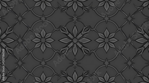 Sophisticated Floral Pattern: This photo showcases a detailed seamless pattern featuring an elegant arrangement of stylized flowers and ornate shapes in shades of gray.