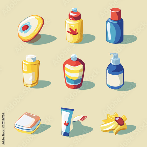 Cartoon set of bathroom and personal hygiene products for body care