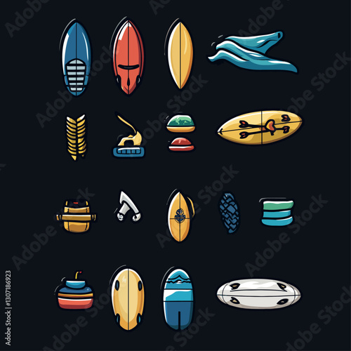 Surfboards and Surfing Gear Cartoon Illustration on Dark Background