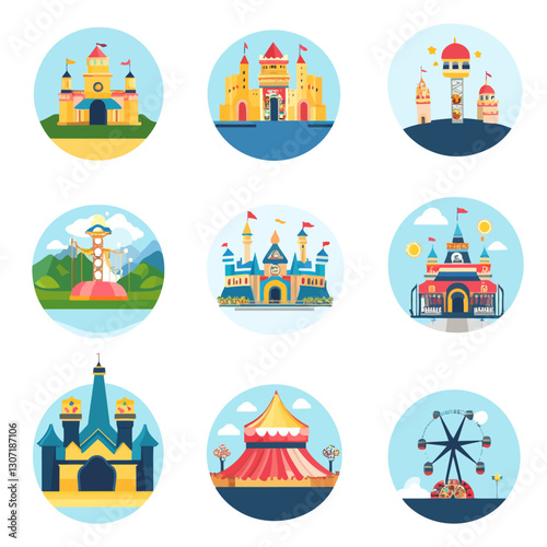Set of various amusement park attractions in a flat vector style design