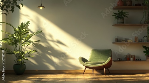 An intimate shot captures a luxurious green armchair, its wooden frame cradling an opulent green upholstery. Facing left, it boasts elegant curves inviting cozy comfort and style