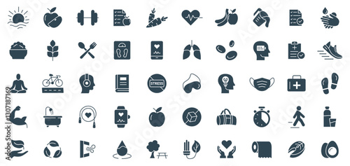 Healthy Lifestyle Solid Icon Set: Vector Illustrations of Health and Wellness, Fitness, Nutrition, and Lifestyle symbols