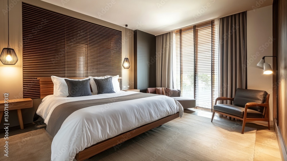 Contemporary bedroom with wooden blinds fully closed, soft lighting, and modern furnishings, providing a private and cozy atmosphere Contemporary bedroom with wooden blinds fully closed, soft lighting, and modern furnishings, providing a private and cozy atmosphere