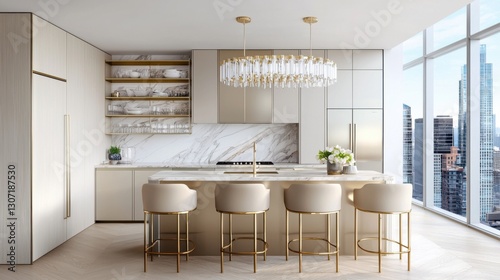 Scandinavian Hollywood glam kitchen, champagne toned cabinets, marble backsplash, floating brass shelves, soft recessed lighting, sculptural crystal chandelier