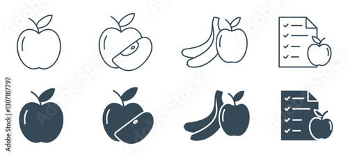 Apple, Banana, and Diet Plan line and Solid Icon set. Vector illustration of Healthy Eating and Nutrition