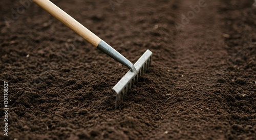 Metal rake leveling the soil in a garden bed, detailed close-up shot, textured earth, soft natural lighting
