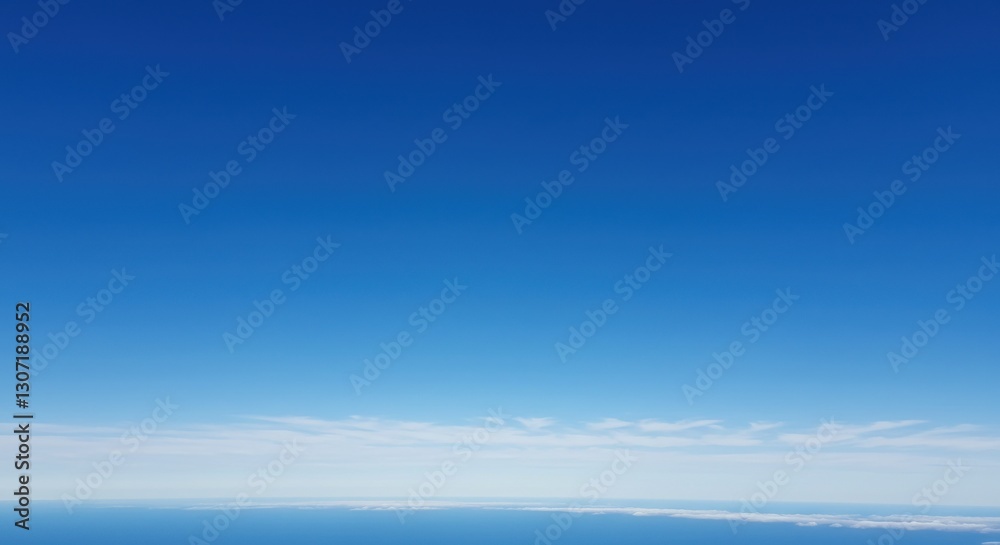 Fototapeta premium Clear blue sky over the ocean with wispy clouds on the horizon, serene view