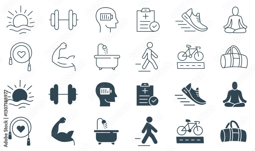 Fitness and Wellness Icon Set. Line and Solid Vector Illustrations of Exercise, Relaxation, Active Lifestyle, and Healthy Living with Dumbbell, Yoga, and Running Icons Fitness and Wellness Icon Set. Line and Solid Vector Illustrations of Exercise, Relaxation, Active Lifestyle, and Healthy Living with Dumbbell, Yoga, and Running Icons