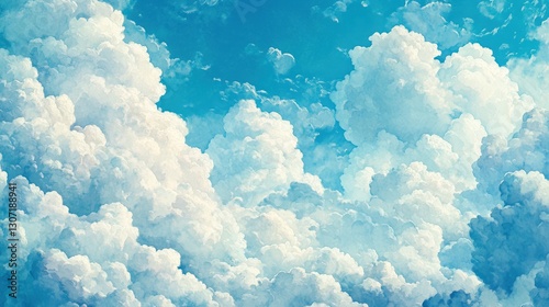 Fluffy white cumulus clouds fill a vibrant blue sky.