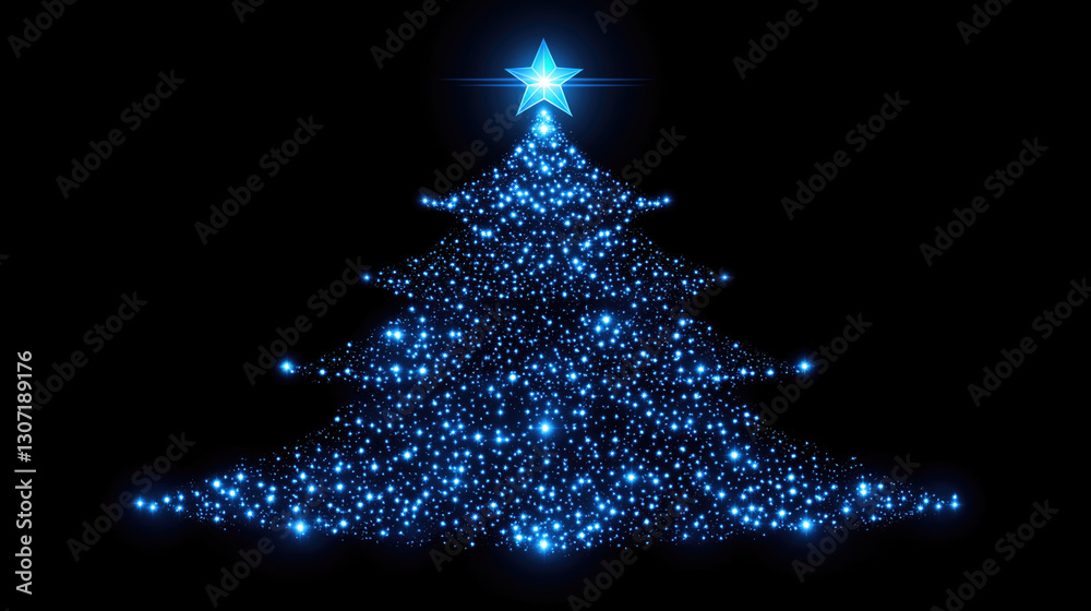 Glowing blue christmas tree with starry lights on black background. Merry Christmas, Nativity, Xmas, Noel, Navidad - Global Winter Holiday, Christian Religious Celebration. Happy New Year Glowing blue christmas tree with starry lights on black background. Merry Christmas, Nativity, Xmas, Noel, Navidad - Global Winter Holiday, Christian Religious Celebration. Happy New Year