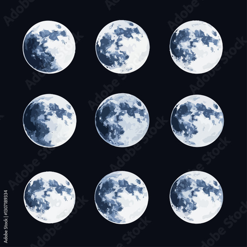 Moon Phases Sequence in Blue Watercolor Style on Black Background