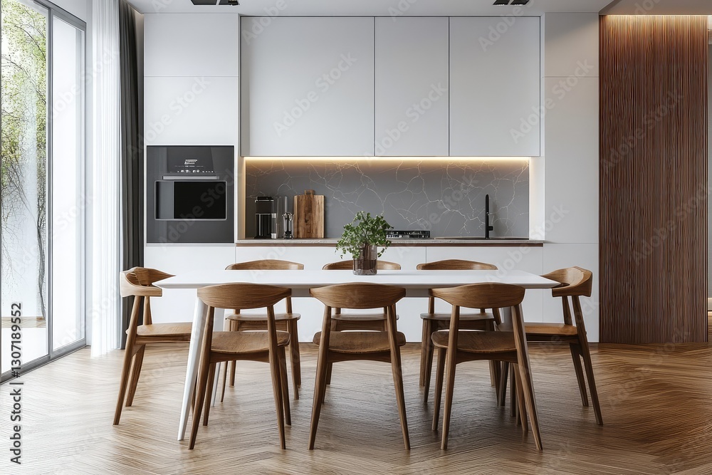 Fototapeta premium Stylish dining room with modern white table. AI generated illustration.