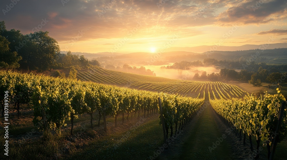 Fototapeta premium A serene vineyard landscape at sunrise, showcasing rolling hills and lush grapevines bathed in golden light.
