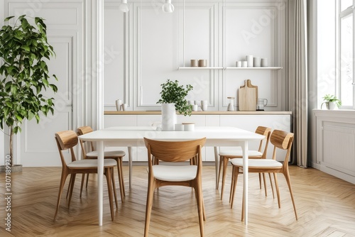 Stylish dining room with modern white table. AI generated illustration.