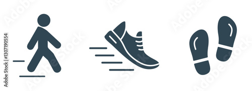 Walking and Running Solid Icon Set. Illustrations of Walking Person, Running Shoe, and Footsteps Vector icons
