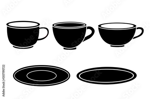 Set of tea cups black and white vector.