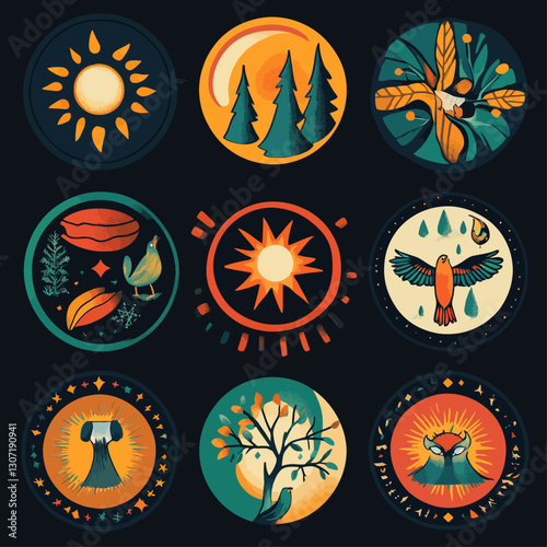 Colorful Emblem Set with Sun, Trees, Bird, and Mystical Symbol Designs