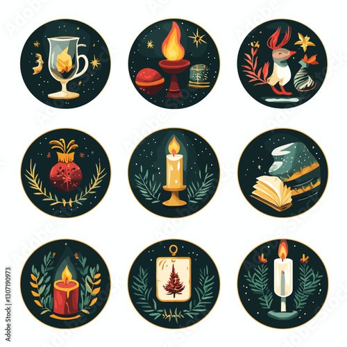 Magical Holiday Icons Set: Candles, Ornaments, and Festive Symbols