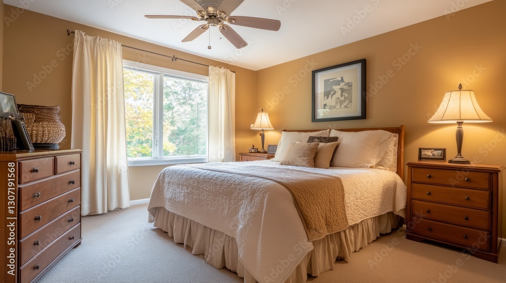 Fototapeta premium Peaceful Arafed bedroom with a clean, neutral-colored bed, stylish dresser, and ceiling fan, bathed in soft natural light. Copy space