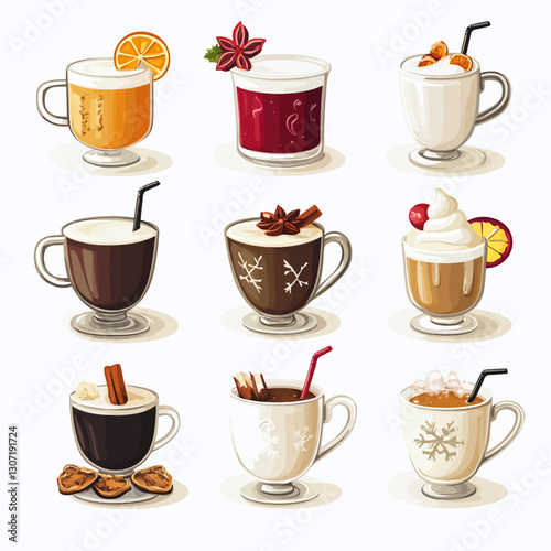 Assorted festive hot beverages, winter holiday drinks with seasonal spices