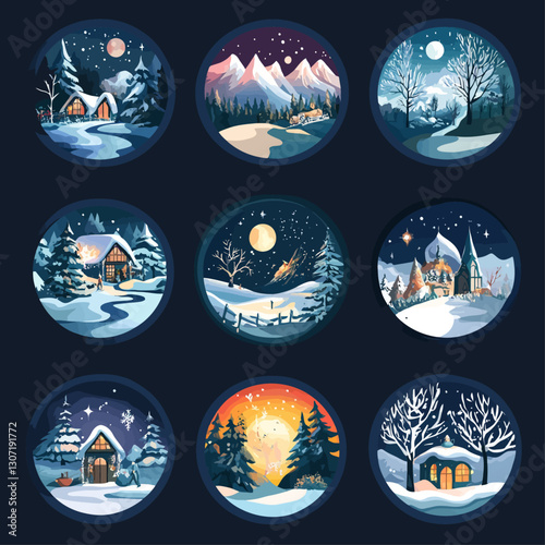 Winter Holiday Scene with Snow Covered Houses and Moonlit Landscapes