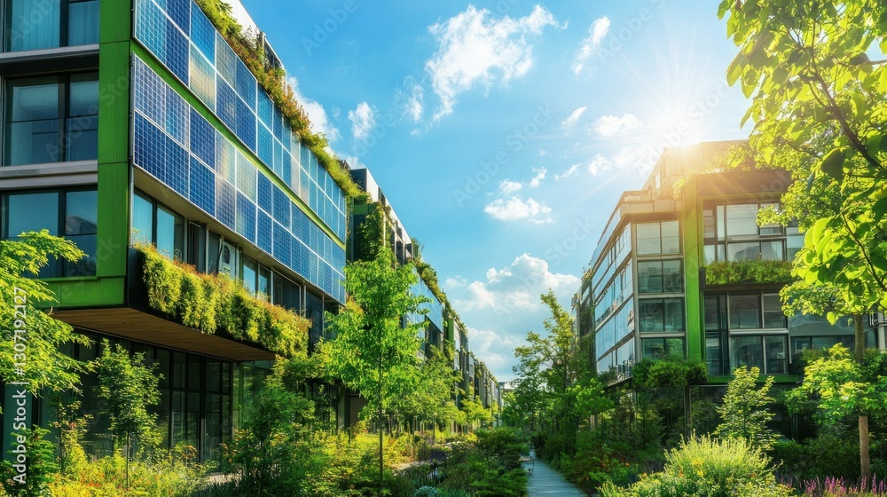 Fototapeta premium Modern eco-friendly buildings surrounded by lush greenery and vibrant flowers under a sunny sky