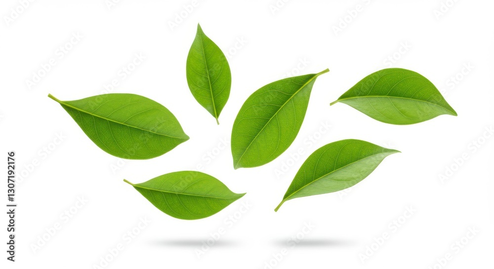 Fresh green leaves scattered on a white background, symbolizing nature's beauty Fresh green leaves scattered on a white background, symbolizing nature's beauty