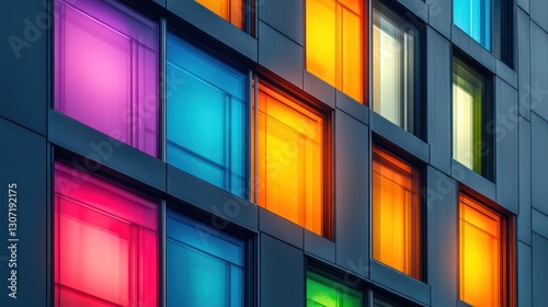 Colorful illuminated windows on modern building facade.