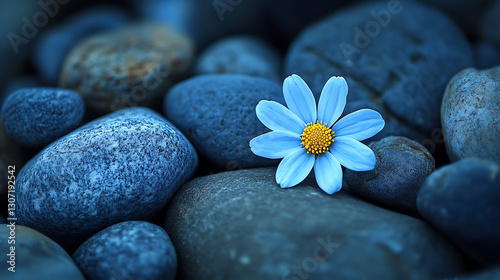 serene blue flower with smooth rocks symbol of peace harmony relaxation meditation calmness purity balance and natural beauty in a tranquil zen inspired environment