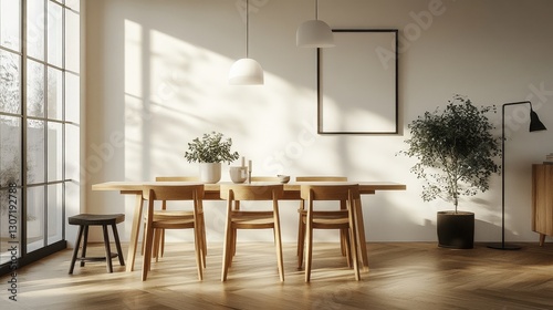 A serene dining scene featuring a pristine, light-wooden table surrounded by elegantly arranged chairs in a cozy semi-circle, inviting intimate gatherings photo