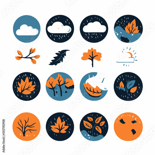 Autumn weather icon set featuring rain clouds and falling leaves icons