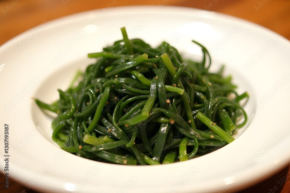 Fresh seaweed salad with sesame and salt on white plate Fresh seaweed salad with sesame and salt on white plate