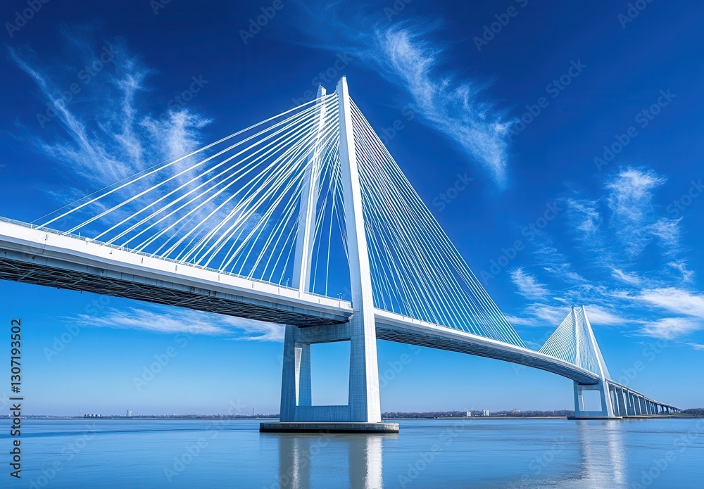 Fototapeta premium Stunning Modern Suspension Bridge Against a Clear Blue Sky with Reflective Waters and Wispy Clouds Above in a Serene Landscape Setting