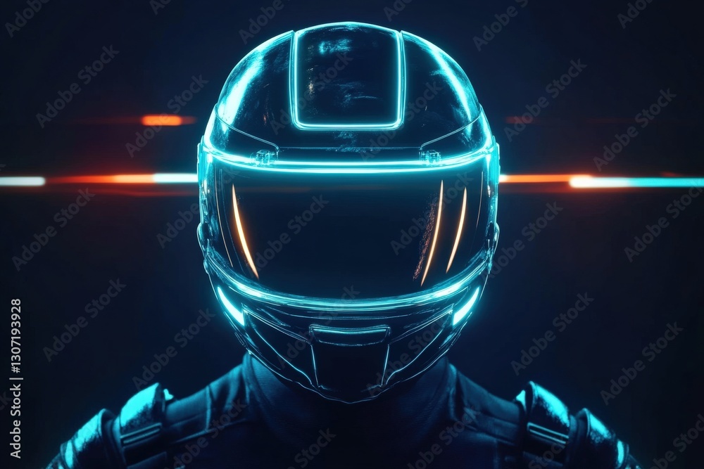 Fototapeta premium Futuristic Racing Helmet with Neon Lights Against Dark Background, Perfect for Technology, Sports, or Automotive Themes in Modern Design Projects