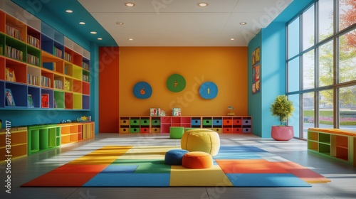 Colorful playroom with bookshelves, toys, and large windows.