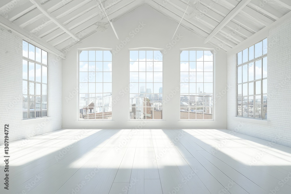 Fototapeta premium Sunny white loft interior with big windows. AI generated illustration.
