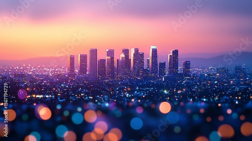 Vibrant sunset over city skyline, bokeh lights.