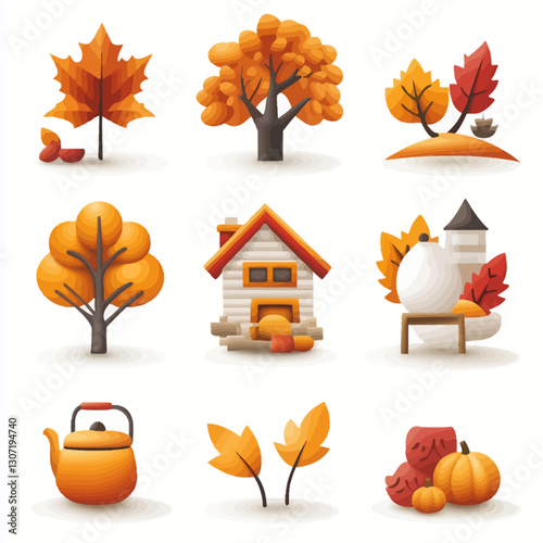 Autumn-Themed Icon Set: Trees, Houses, Leaves, Pumpkin and Teapot Elements