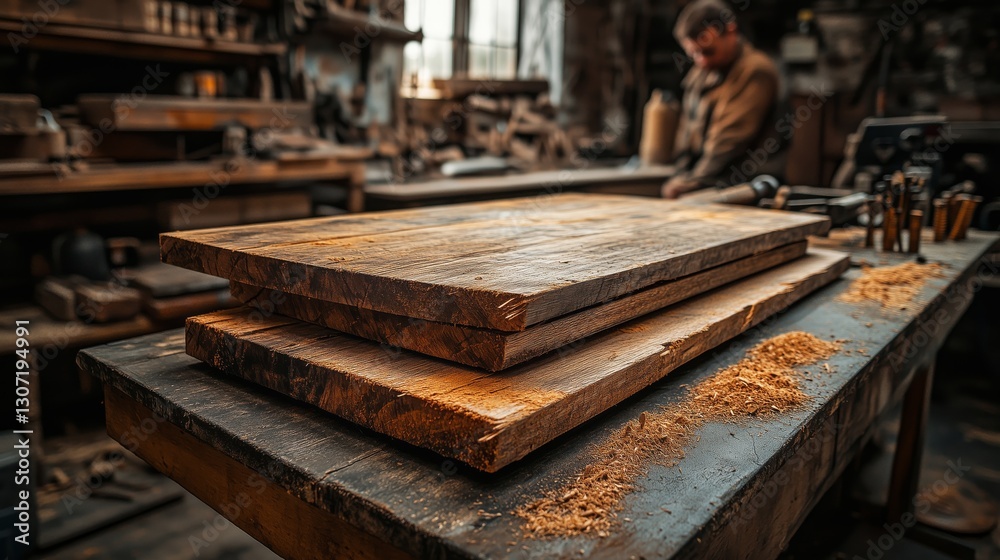 Wooden planks on workbench in a busy woodworking shop Wooden planks on workbench in a busy woodworking shop