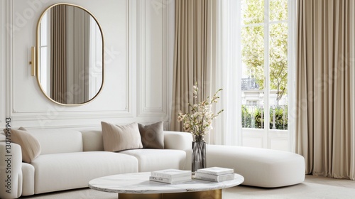 Scandinavian neoclassical Hollywood living room, muted ivory walls, soft modular sofa, classic molding details, gold rimmed mirror, airy sand colored curtains