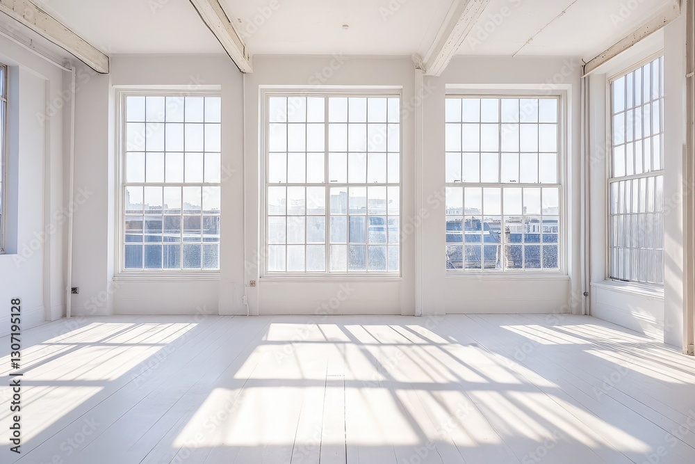 Fototapeta premium Sunny white loft interior with big windows. AI generated illustration.