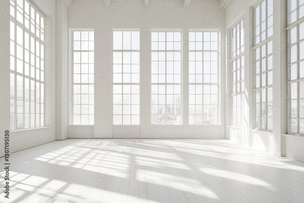 Fototapeta premium Sunny white loft interior with big windows. AI generated illustration.