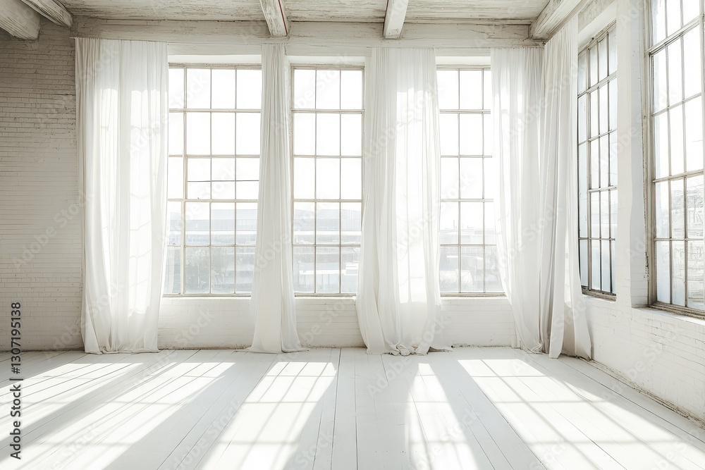 Obraz premium Sunny white loft interior with big windows. AI generated illustration.