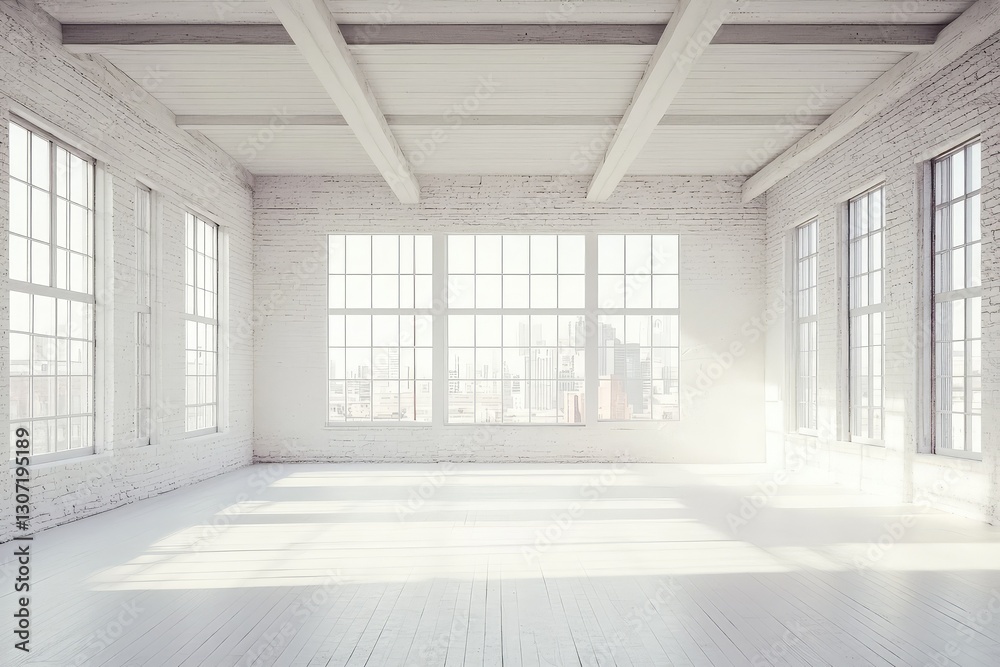 Fototapeta premium Sunny white loft interior with big windows. AI generated illustration.