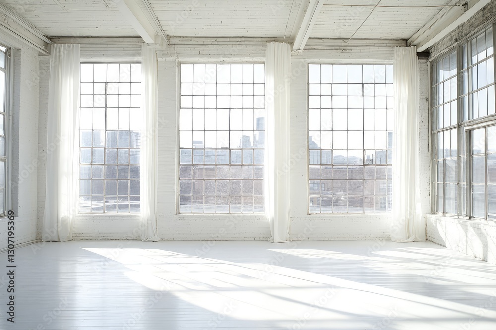 Fototapeta premium Sunny white loft interior with big windows. AI generated illustration.