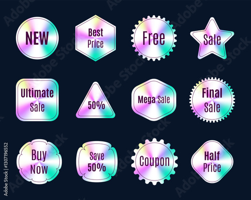 A set of colorful stickers with the words "New", "Best Price", "Free", "Ultimate Sale", "Mega Sale", "Final Sale", "Buy Now", "Save 50%", "Coupon", "Half Price" and "